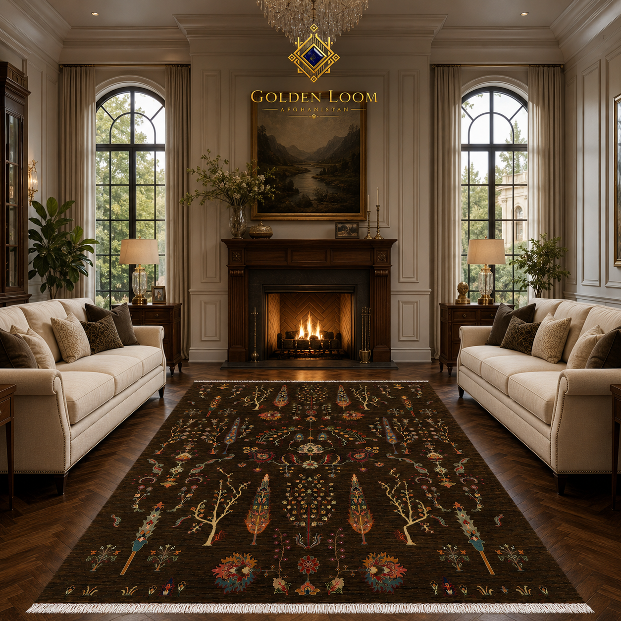 Golden Loom Afghanistan handwoven wool rug in elegant formal living room with cream sofas, arched windows, and lit fireplace — dark botanical carpet