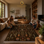 Golden Loom Afghanistan handmade Afghan rug in warm family living room with neutral sofa, wood shelving, and fireplace — dark brown Tree of Life carpet