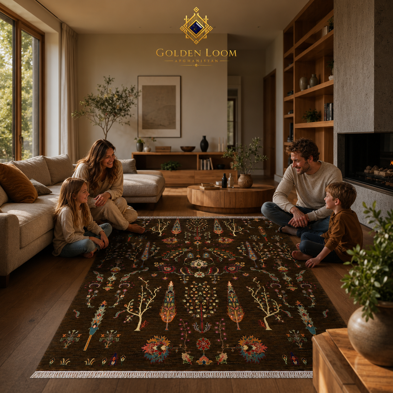Golden Loom Afghanistan handmade Afghan rug in warm family living room with neutral sofa, wood shelving, and fireplace — dark brown Tree of Life carpet