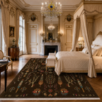 Golden Loom Afghanistan hand-knotted Afghan carpet placed at foot of ornate tufted bed in traditional luxury bedroom with gold drapery