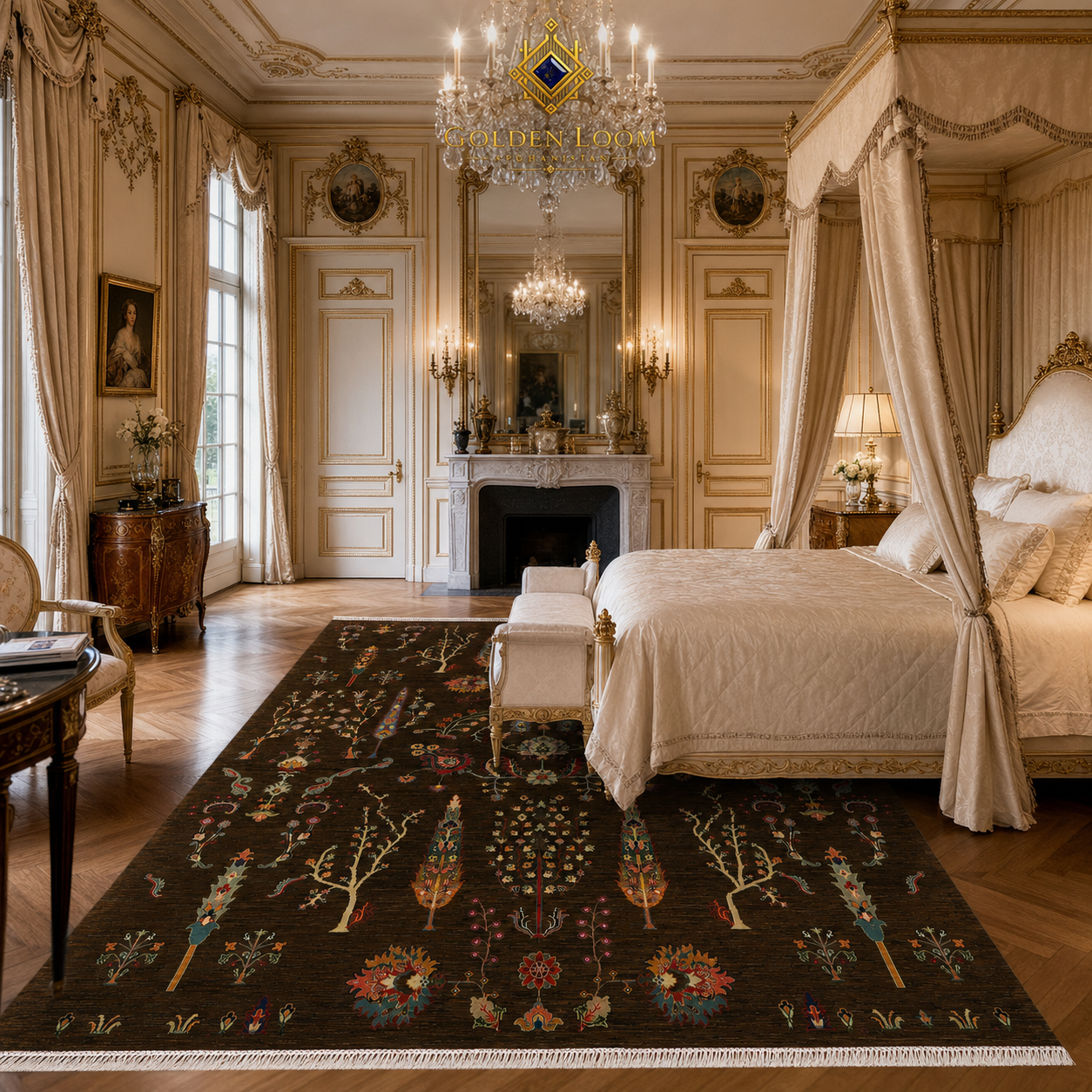 Golden Loom Afghanistan hand-knotted Afghan carpet placed at foot of ornate tufted bed in traditional luxury bedroom with gold drapery