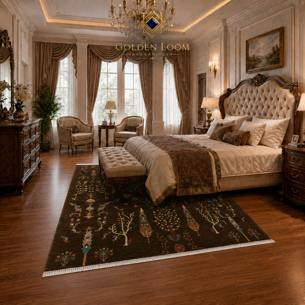 Golden Loom Afghanistan authentic Afghan carpet in opulent French-style bedroom with four-poster canopy bed, crystal chandelier, and gilded décor