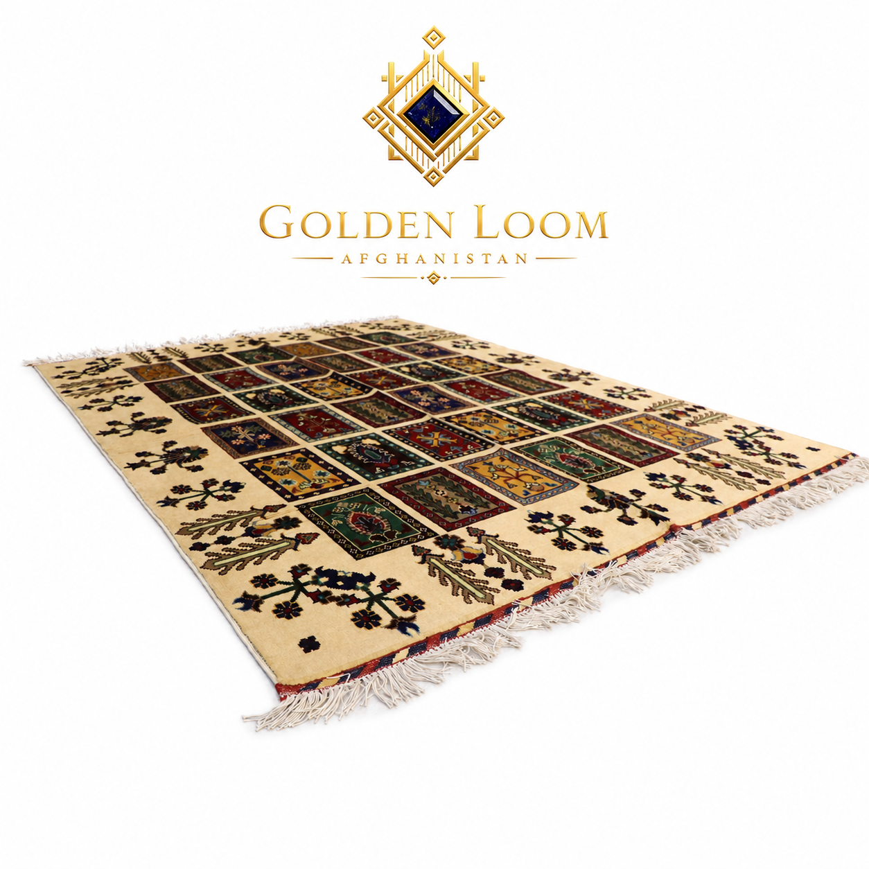 A traditional Afghan area rug by Golden Loom, featuring a cream-colored base with a grid of colorful square panels and floral motifs, finished with white fringe. The brand logo 'GOLDEN LOOM AFGHANISTAN' is displayed above the rug on a clean white background.