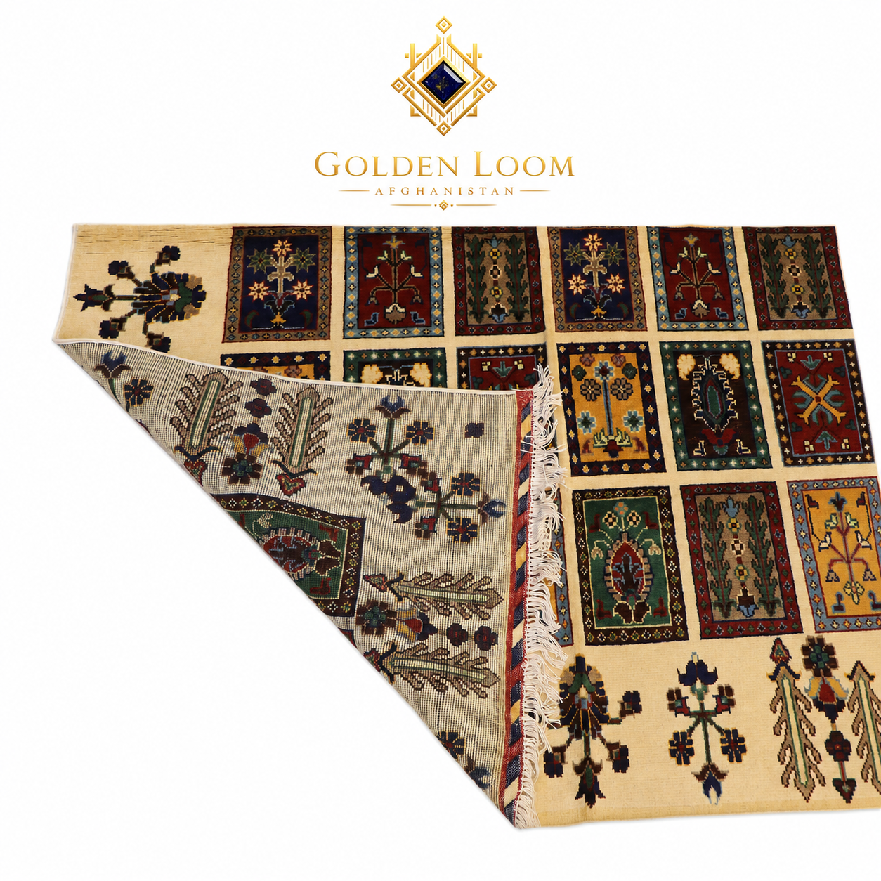 An Afghanistani area rug with a multicolor geometric and floral pattern, shown partially folded to display both its front and back. The brand logo 'Golden Loom Afghanistan' is visible at the top of the image.