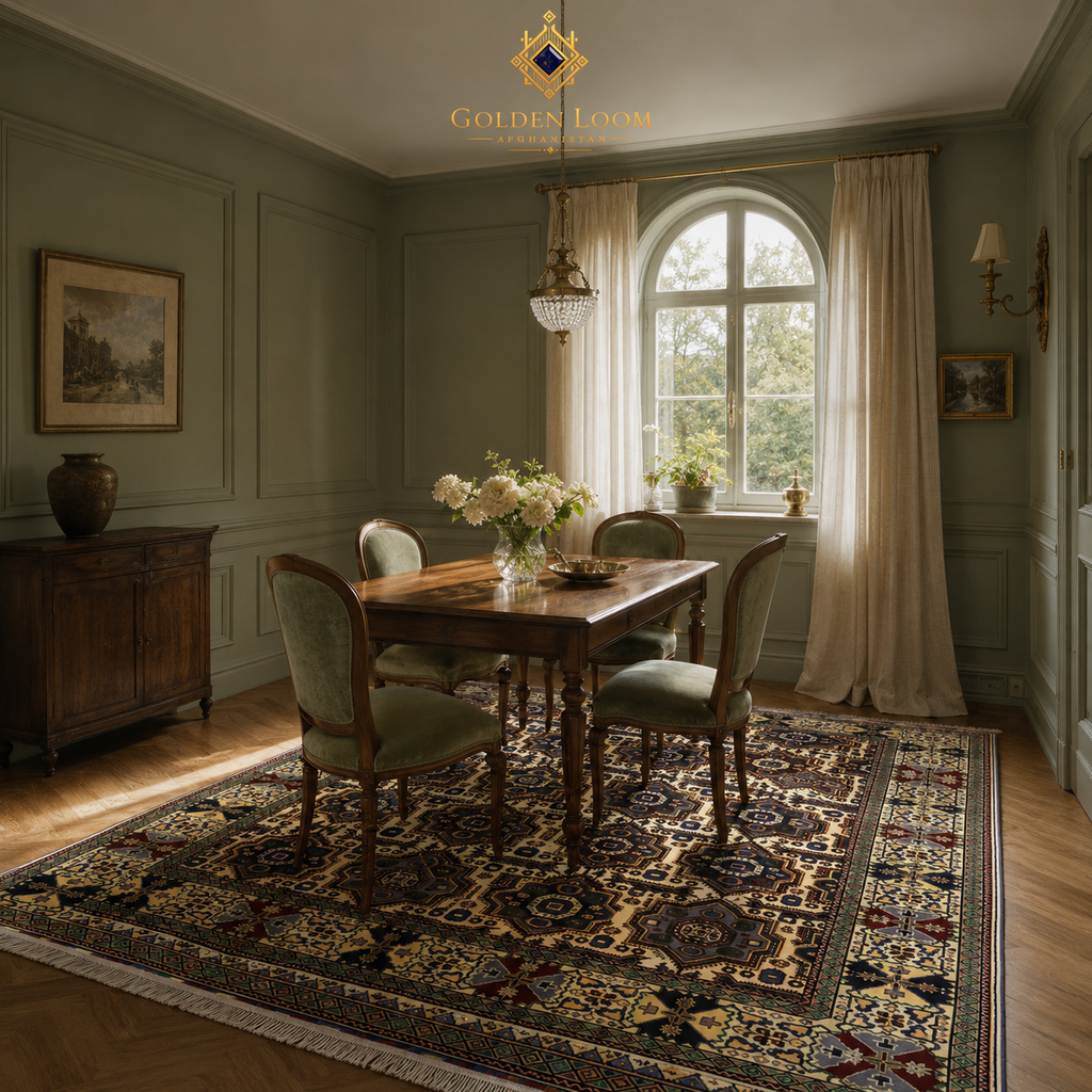 Hand-knotted Afghan area rug with geometric tribal pattern in ivory, navy, and burgundy, styled under a wooden dining table in a sage green European dining room — Golden Loom Afghanistan