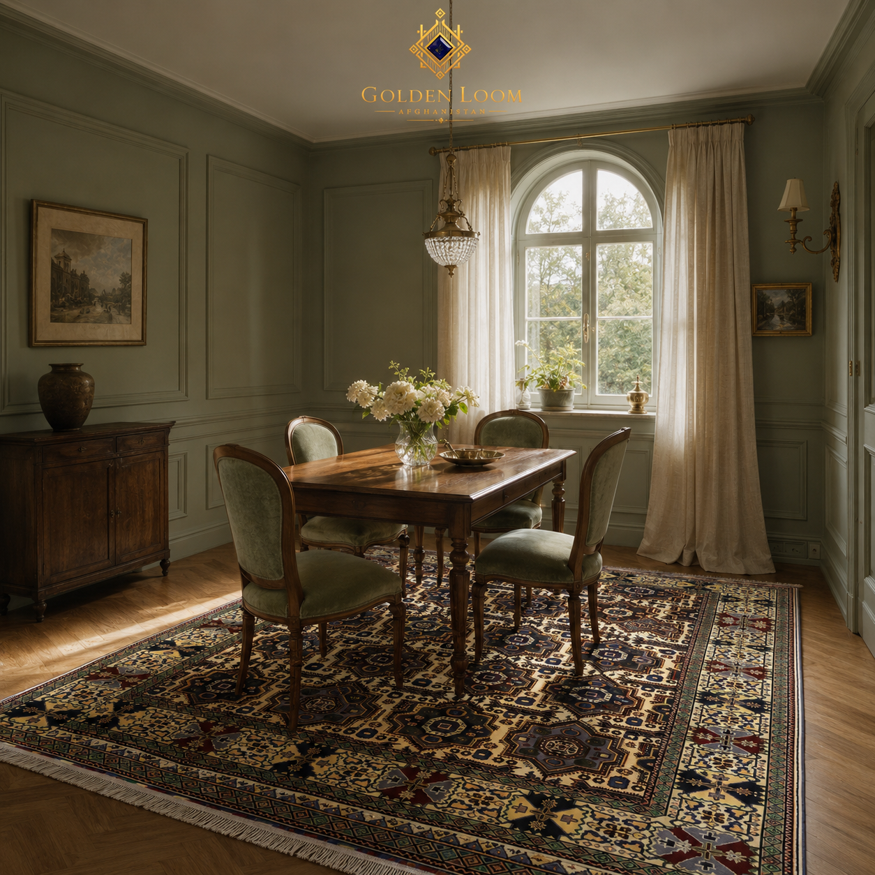 Hand-knotted Afghan area rug with geometric tribal pattern in ivory, navy, and burgundy, styled under a wooden dining table in a sage green European dining room — Golden Loom Afghanistan