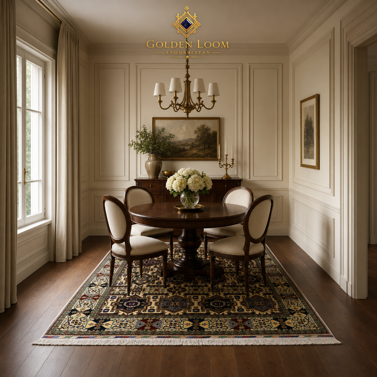 Authentic Afghan carpet with all-over geometric medallion design in ivory and dark charcoal, displayed beneath a round pedestal dining table in an elegant cream-paneled dining room — Golden Loom Afghanistan