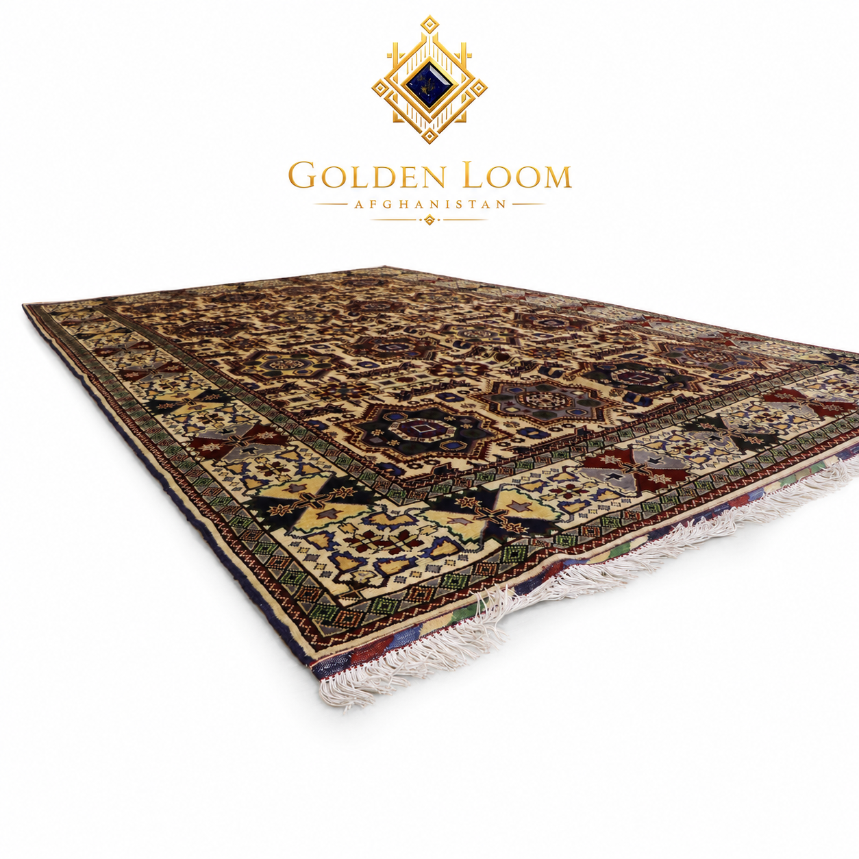 Full view of a hand-knotted Afghan wool rug with all-over geometric tribal motifs in ivory, dark brown, and burgundy, with hand-tied fringe edges — Golden Loom Afghanistan