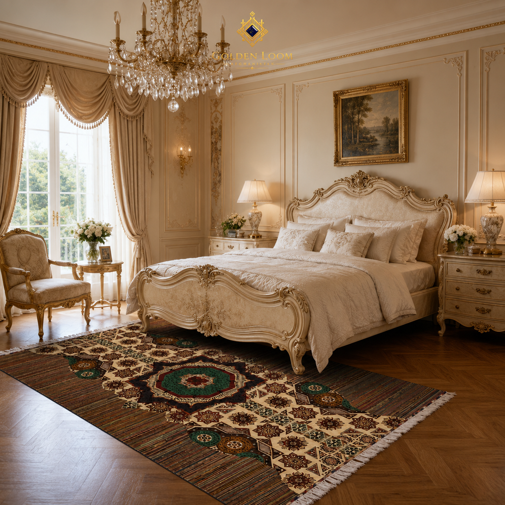 Authentic Afghan handwoven area rug with geometric star medallion pattern in ivory, dark brown, and emerald green styled in an ornate French Rococo bedroom with crystal chandelier and gold carved bed frame