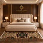 Traditional Afghan handwoven carpet with central octagonal medallion in ivory, dark brown, and green placed in a warm luxury bedroom with gold accents
