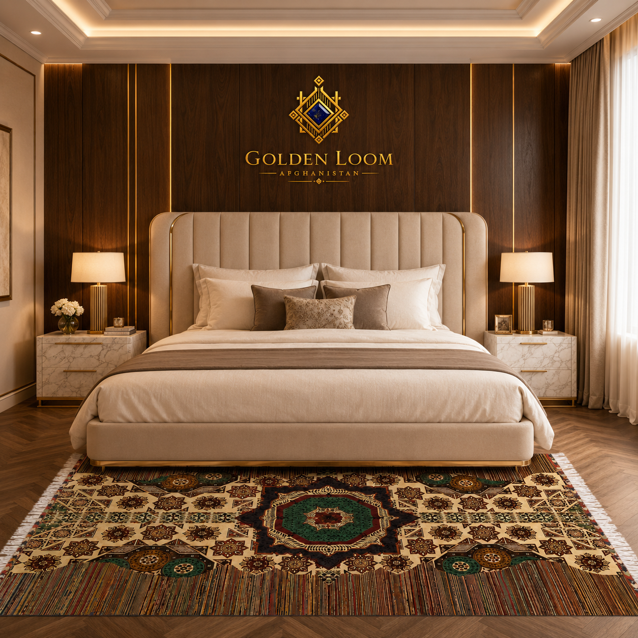 Traditional Afghan handwoven carpet with central octagonal medallion in ivory, dark brown, and green placed in a warm luxury bedroom with gold accents