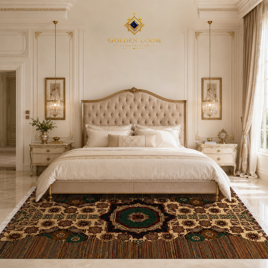 Handwoven Afghan area rug with intricate geometric star pattern and emerald medallion center styled in an elegant French classical white and gold bedroom