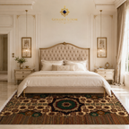 Handwoven Afghan area rug with intricate geometric star pattern and emerald medallion center styled in an elegant French classical white and gold bedroom