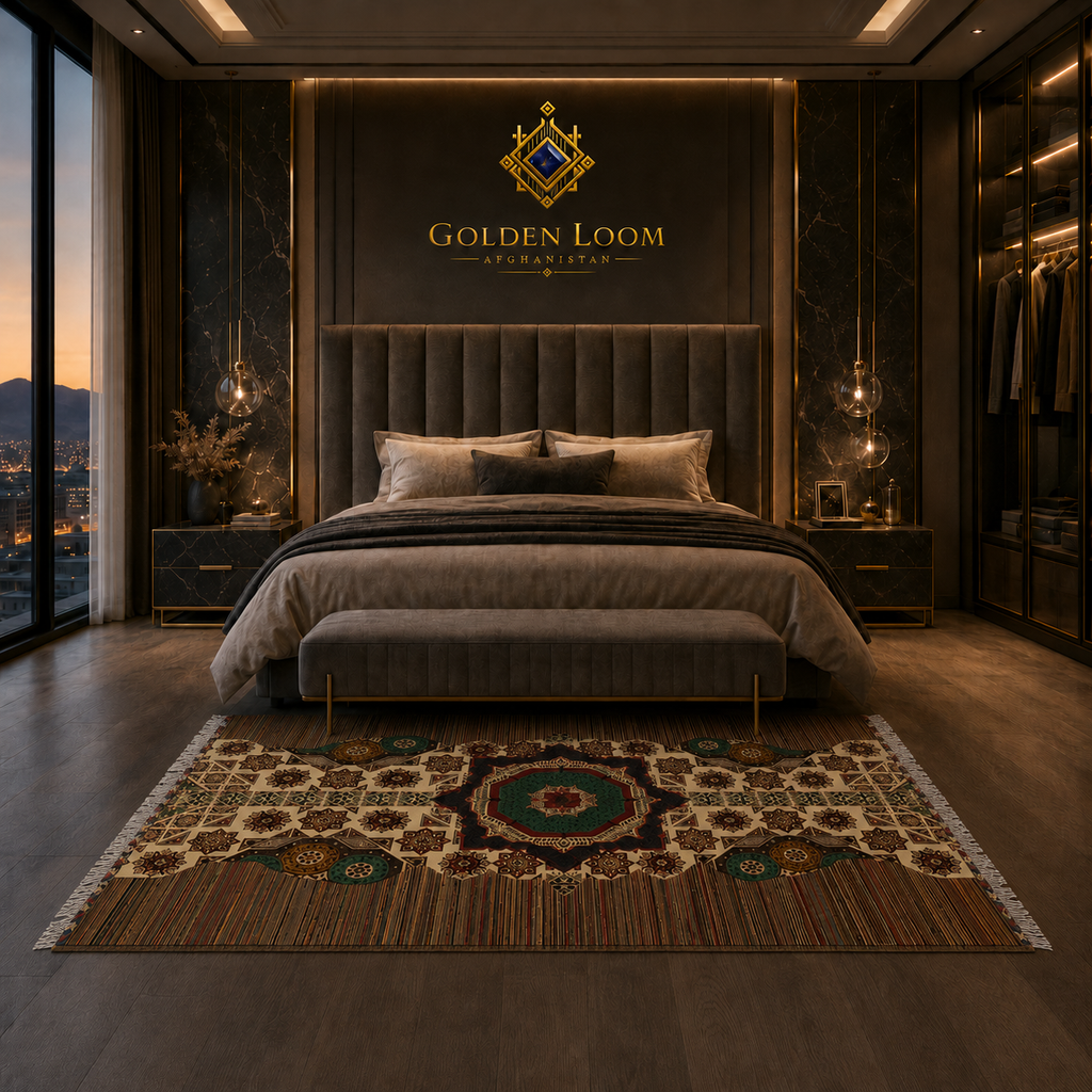 Authentic Afghan handwoven rug with traditional geometric medallion pattern in brown and green tones styled in a modern dark luxury master bedroom