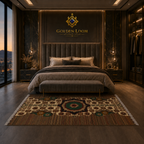 Authentic Afghan handwoven rug with traditional geometric medallion pattern in brown and green tones styled in a modern dark luxury master bedroom