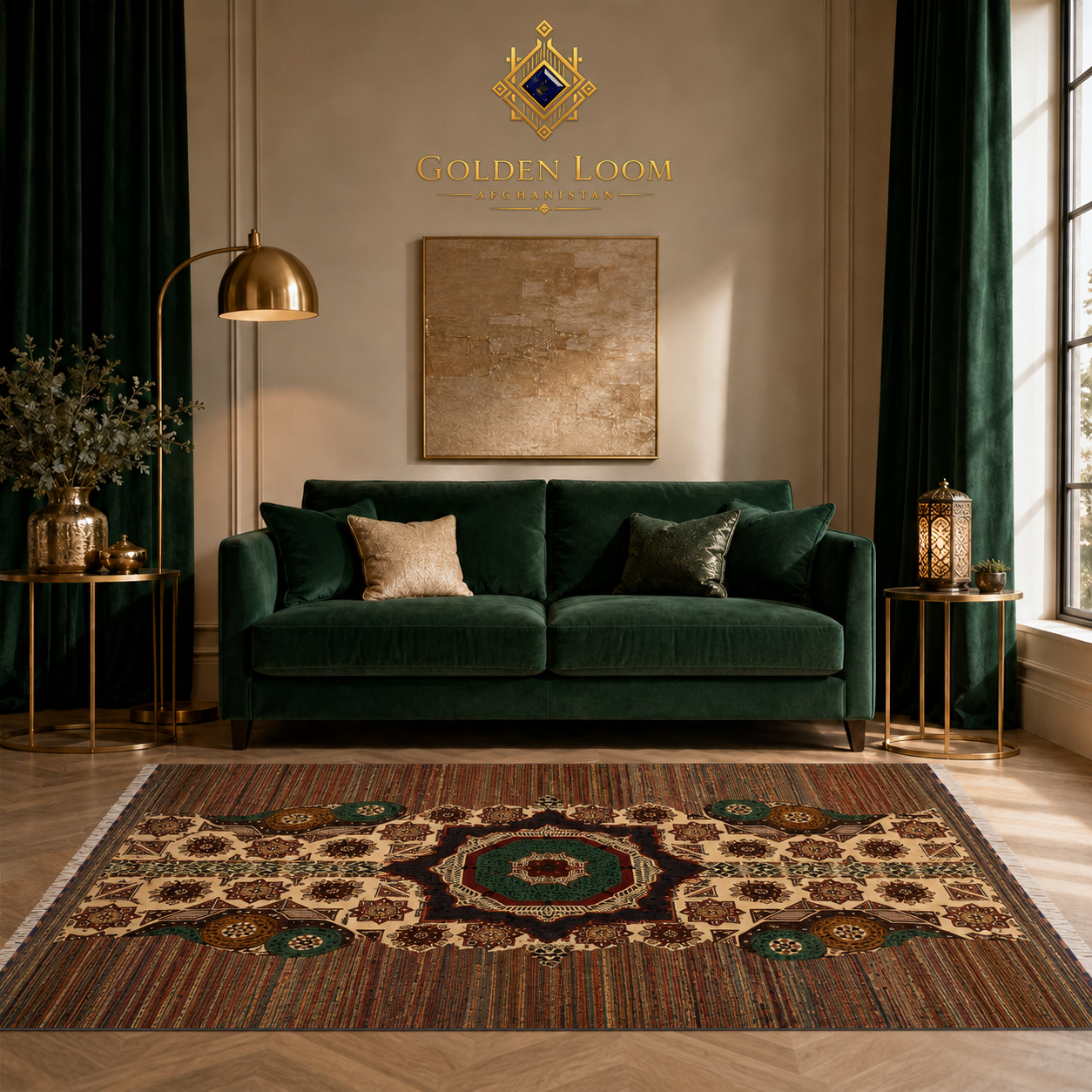 Golden Loom Afghanistan handwoven Afghan carpet with octagonal medallion in emerald green and ivory displayed in a luxury dark green velvet sofa living room