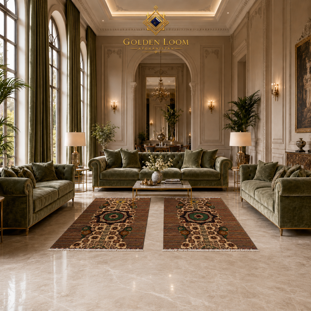 Pair of handwoven Afghan carpet with octagonal medallion in dark brown and emerald green displayed symmetrically in a grand classical European-style living room with olive velvet sofas
