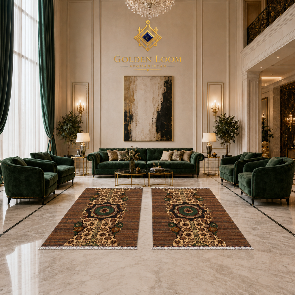 Pair of handwoven Afghan rugs with star medallion and geometric border in ivory and brown displayed in a grand classical European-style living room
