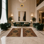 Pair of handwoven Afghan rugs with star medallion and geometric border in ivory and brown displayed in a grand classical European-style living room