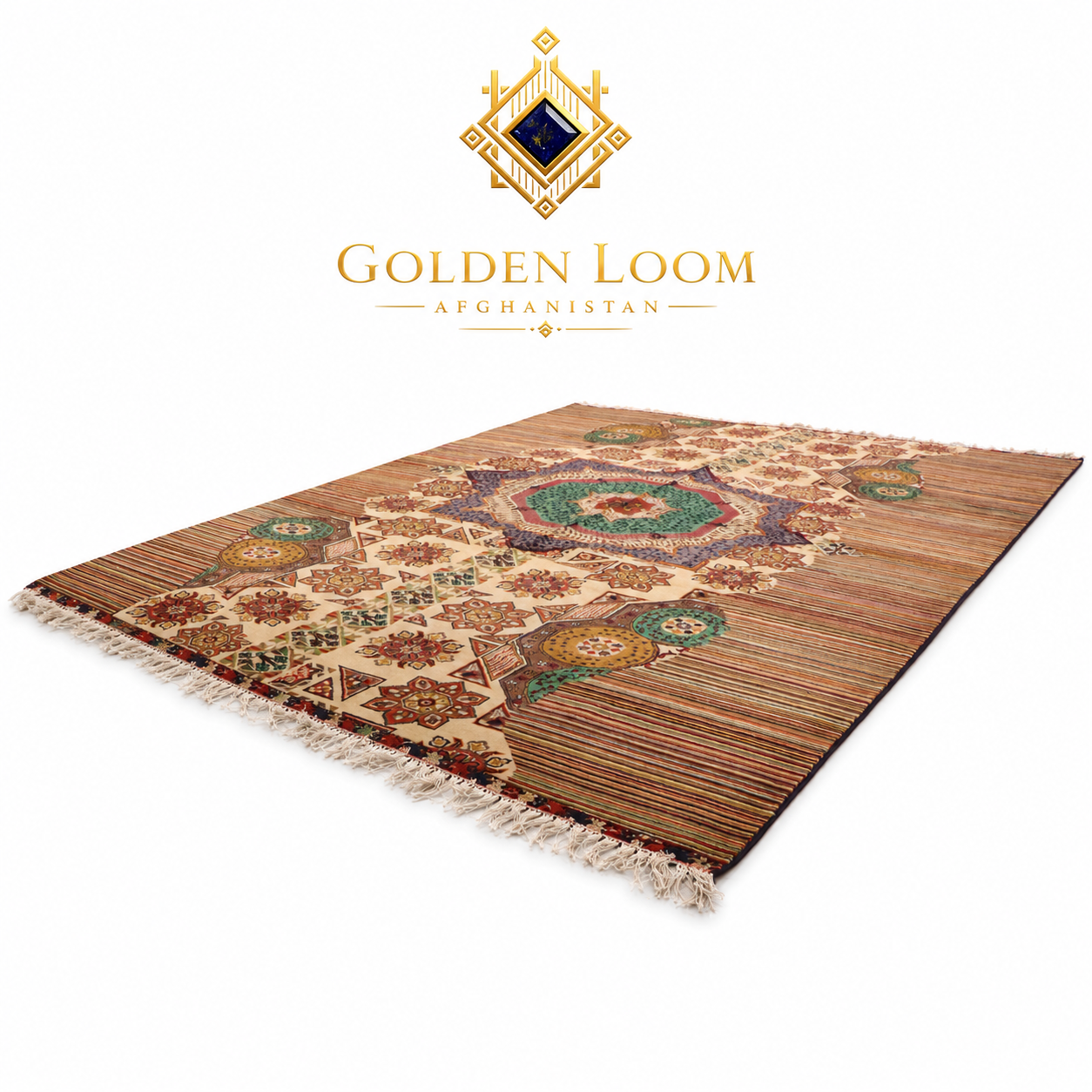 Handwoven Afghan rug with central octagonal medallion in emerald green, ivory, and brown with multicolor striped flatweave body and white fringe on white background