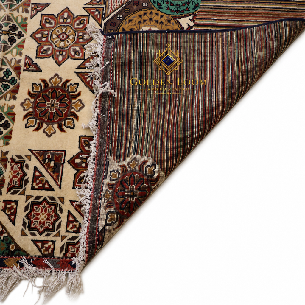 Close-up of handwoven Afghan rug showing front geometric floral pattern in ivory and brown alongside reverse side revealing multicolor striped flatweave construction and hand-knotted fringe detail