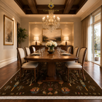 Golden Loom Afghanistan hand-knotted dark brown floral rug styled in mid-century modern dining room with teak furniture and minimalist décor
