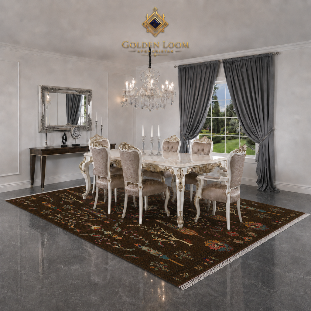 Golden Loom Afghanistan hand-knotted Afghan carpet under ornate white and gold Baroque dining table with crystal chandelier and grey velvet drapes