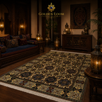 Premium hand-knotted Afghan carpet with intricate tribal medallion design in ivory, brown, and slate blue, in an elegant Arabic majlis setting — Golden Loom Afghanistan