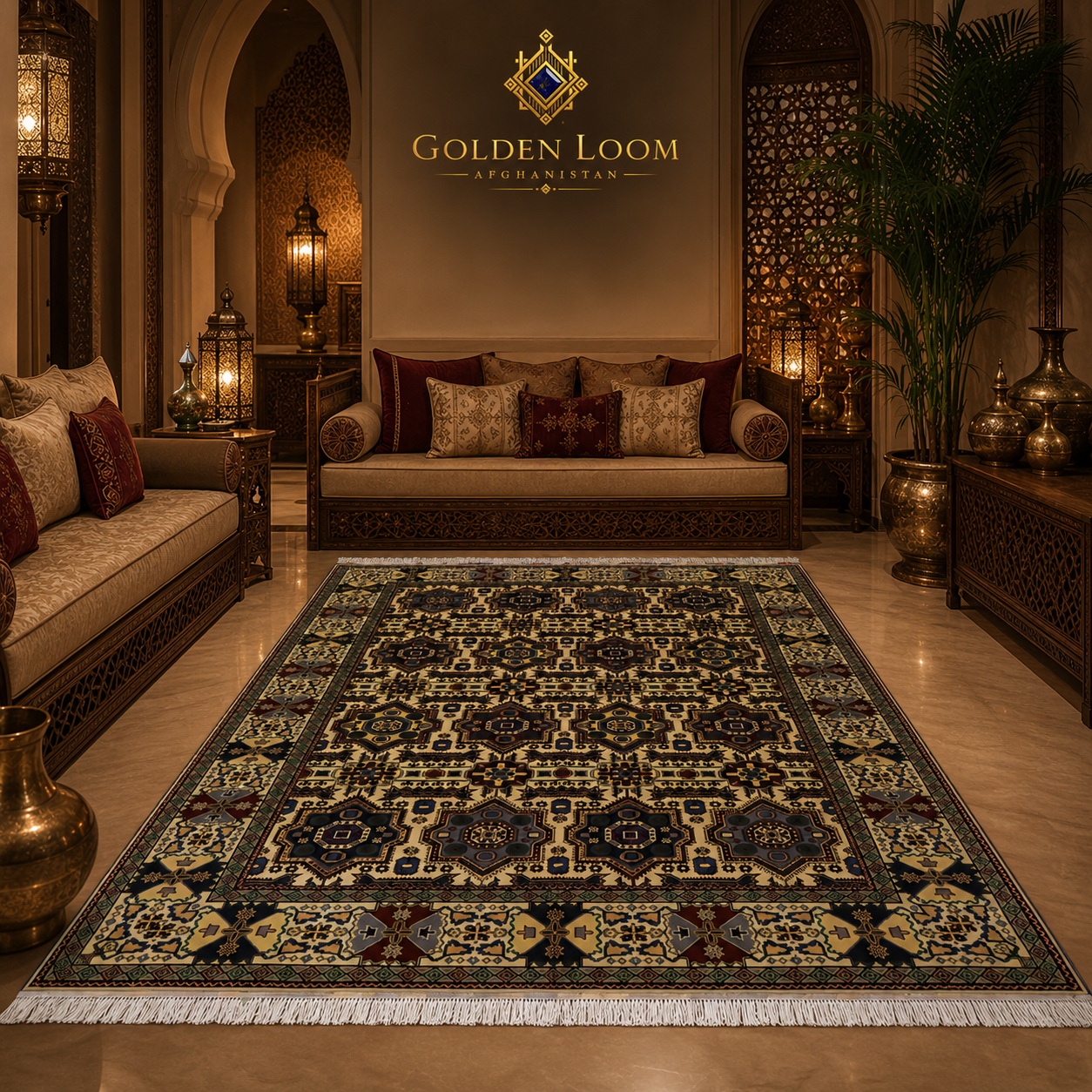 Authentic Afghan area rug featuring traditional Esrari geometric motifs in ivory and charcoal, displayed in a dark luxury Arabian living room — Golden Loom Afghanistan
