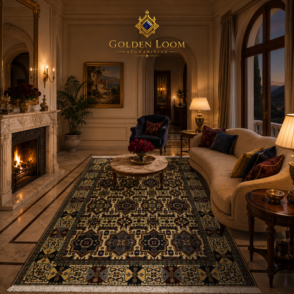 Large hand-knotted Afghan carpet with all-over geometric tribal pattern in ivory, dark brown, and gold, displayed in a palatial European salon with marble fireplace — Golden Loom Afghanistan