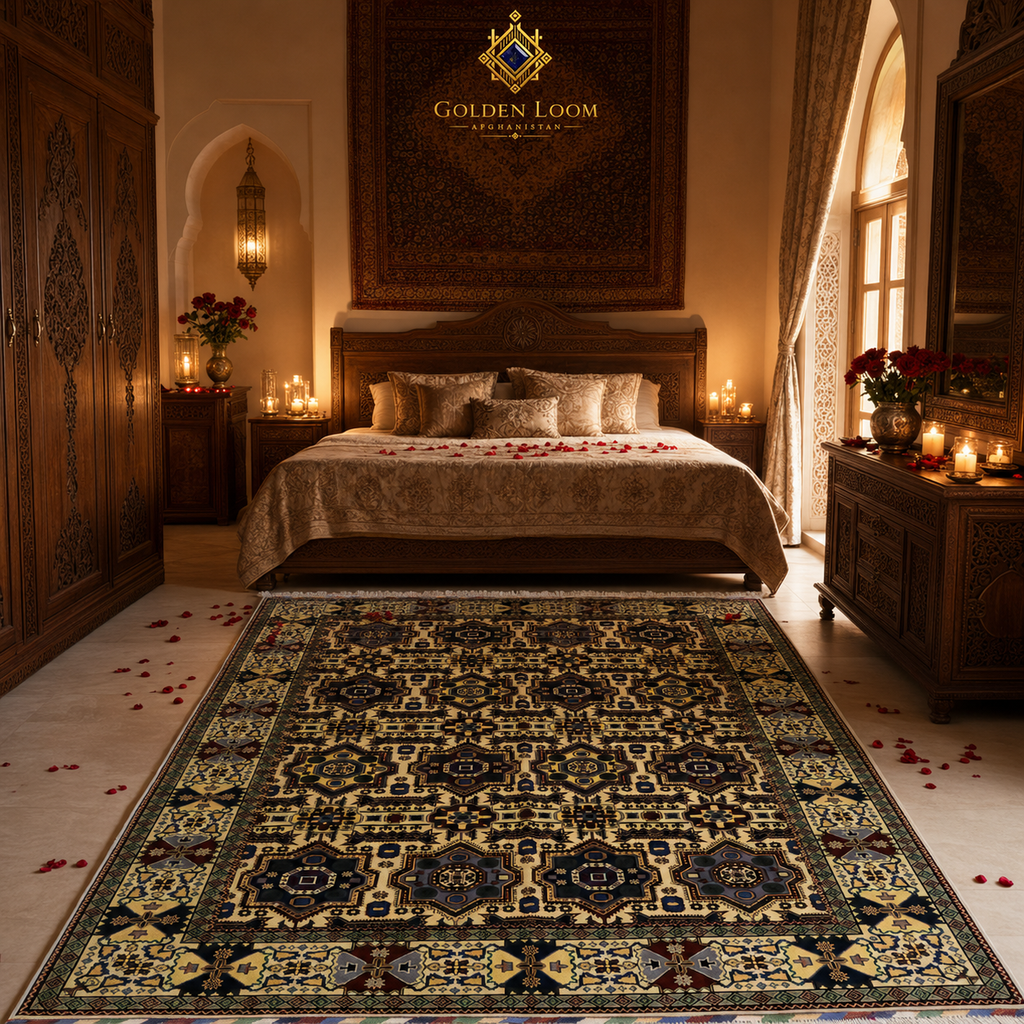 Hand-knotted Afghan carpet with geometric medallion pattern in ivory and dark brown, styled in a romantic Moroccan bedroom with candlelight — Golden Loom Afghanistan