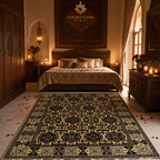Hand-knotted Afghan carpet with geometric medallion pattern in ivory and dark brown, styled in a romantic Moroccan bedroom with candlelight — Golden Loom Afghanistan