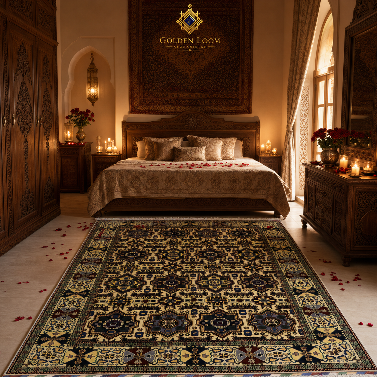 Hand-knotted Afghan carpet with geometric medallion pattern in ivory and dark brown, styled in a romantic Moroccan bedroom with candlelight — Golden Loom Afghanistan