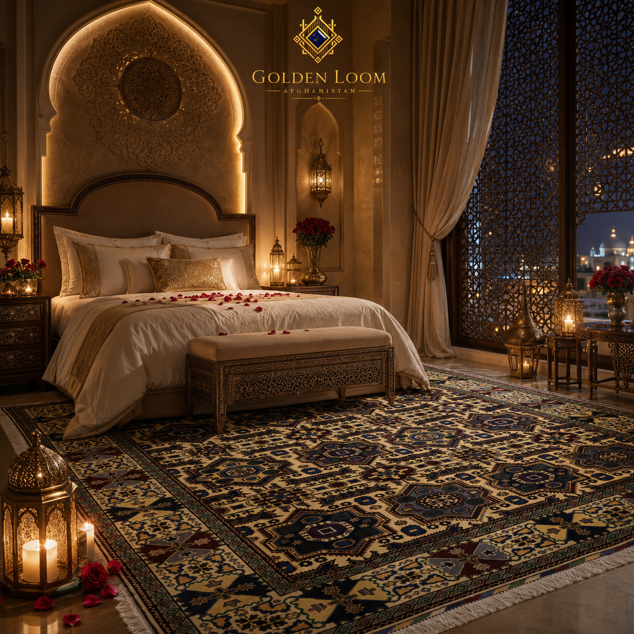 Luxury Afghan hand-knotted rug with bold geometric Turkmen pattern in ivory and dark brown, styled in a grand Moorish bedroom with city night view — Golden Loom Afghanistan