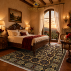 Traditional Afghan wool carpet with classic geometric medallion motifs in ivory and charcoal, placed in a warm Tuscan villa bedroom at golden hour — Golden Loom Afghanistan