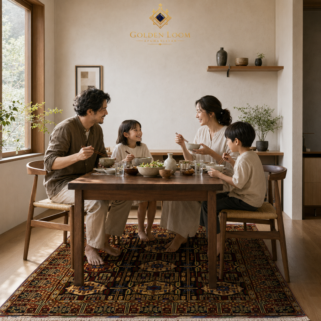 Afghan handwoven rug beneath an Asian family sharing a meal in a warm minimalist dining room, Golden Loom Afghanistan
