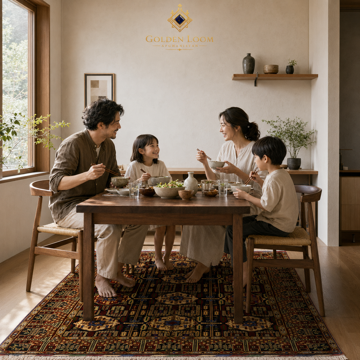 Afghan handwoven rug beneath an Asian family sharing a meal in a warm minimalist dining room, Golden Loom Afghanistan