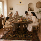 Multi-generational Middle Eastern family gathered around a round table on a handwoven Afghan rug in a Mediterranean-style dining room, Golden Loom Afghanistan