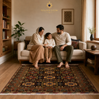 Afghan family sitting on a sofa over a handwoven Afghan carpet with geometric medallion pattern in a cozy living room, Golden Loom Afghanistan