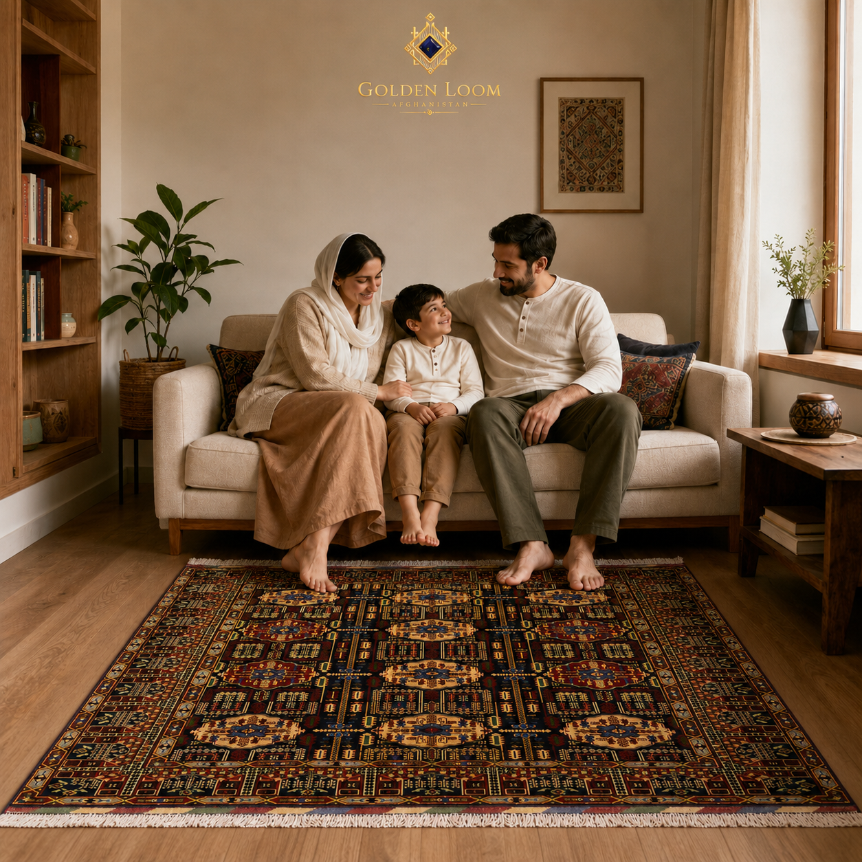 Afghan family sitting on a sofa over a handwoven Afghan carpet with geometric medallion pattern in a cozy living room, Golden Loom Afghanistan