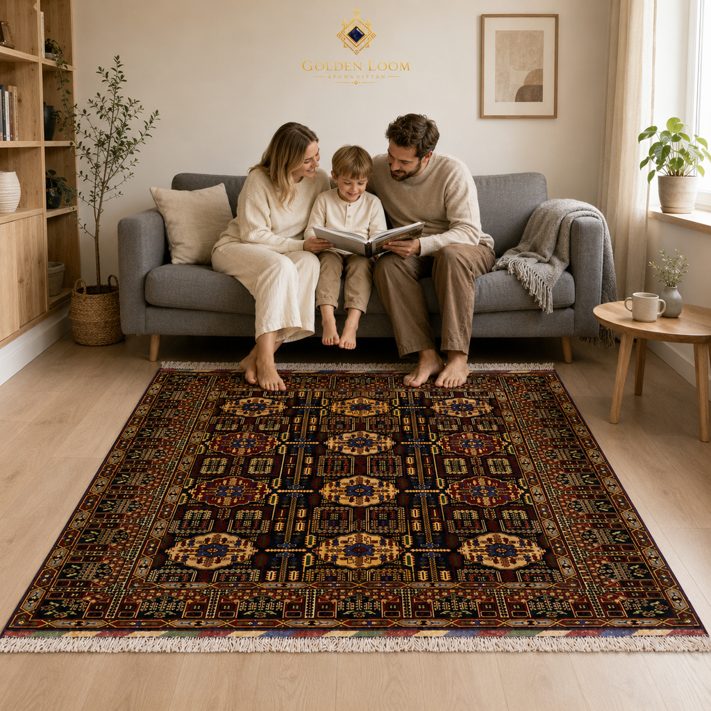 Afghan family enjoying tea together in a warm living room with a large handwoven Afghan carpet featuring geometric patterns, Golden Loom Afghanistan