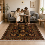 Afghan family enjoying tea together in a warm living room with a large handwoven Afghan carpet featuring geometric patterns, Golden Loom Afghanistan