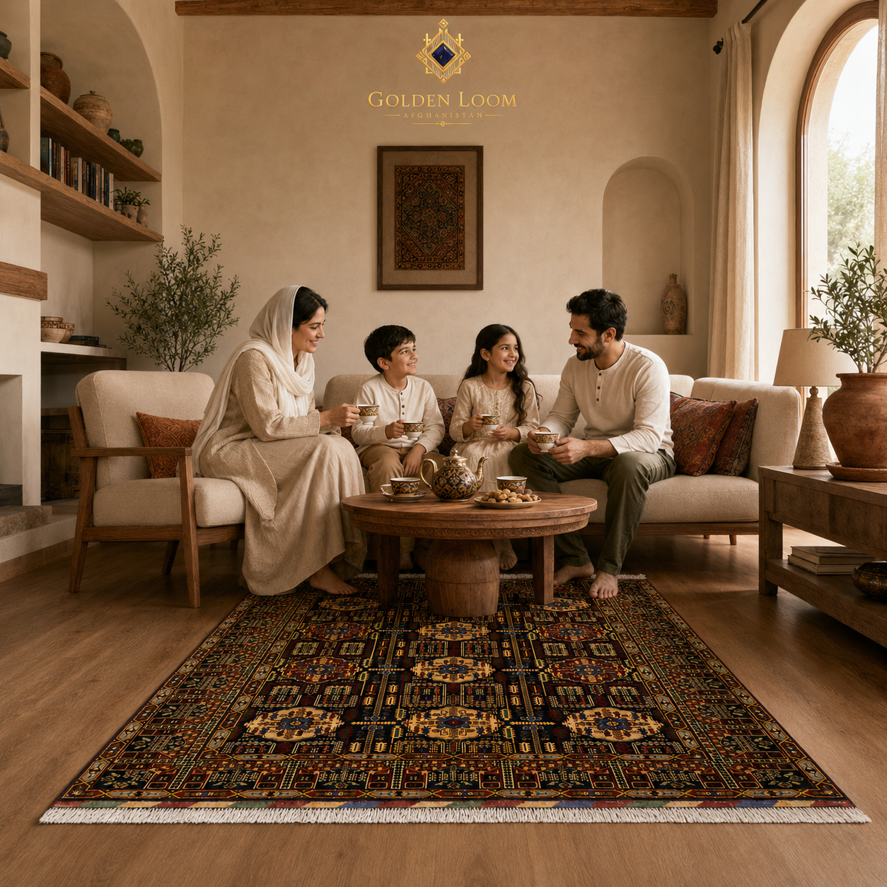 Afghan family enjoying tea together in a warm living room with a large handwoven Afghan carpet featuring geometric patterns, Golden Loom Afghanistan