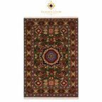 A traditional oriental-style rug with an intricate geometric and floral pattern, featuring a dark brown base with red, green, blue, and beige details. The rug Golden Loom Afghanistan