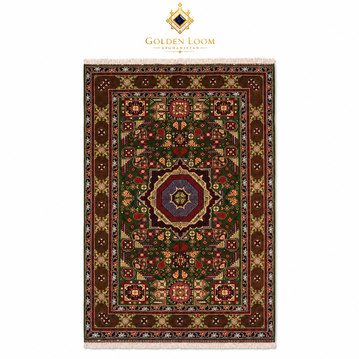 A traditional oriental-style rug with an intricate geometric and floral pattern, featuring a dark brown base with red, green, blue, and beige details. The rug Golden Loom Afghanistan