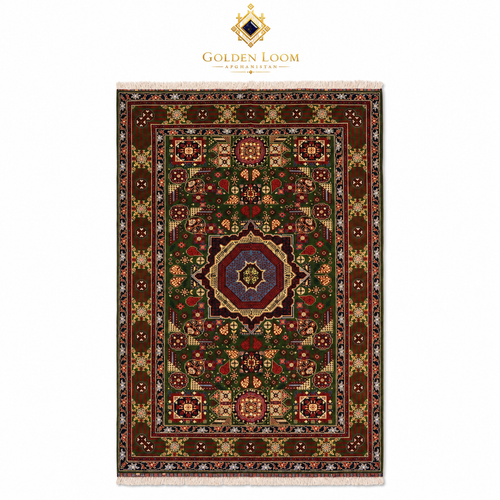 A traditional oriental-style rug with an intricate geometric and floral pattern, featuring a dark brown base with red, green, blue, and beige details. The rug Golden Loom Afghanistan