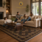 Afghan handwoven carpet in navy and gold floral pattern styled in a warm American family living room with cream sectional sofa