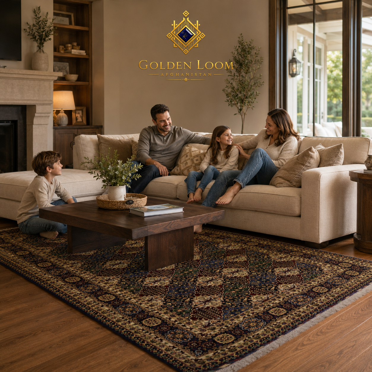 Afghan handwoven carpet in navy and gold floral pattern styled in a warm American family living room with cream sectional sofa