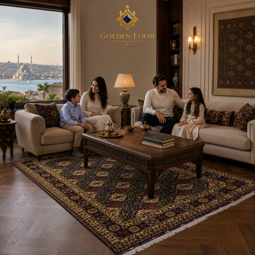 Afghan handwoven rug with traditional floral medallion design in an elegant living room overlooking a waterfront cityscape