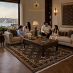 Afghan handwoven rug with traditional floral medallion design in an elegant living room overlooking a waterfront cityscape